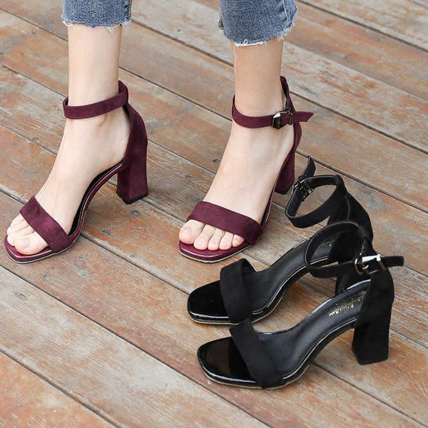

sandals summer women flock chunky high heel ankle strap bucukle rubber sole non slip fashion simple wedding shoes dress ladies fwk, Black