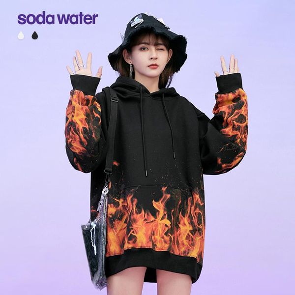 

women's hoodies & sweatshirts sodawater chinese style fire printed hip hop women streetwear 2021 winter fleece oversized pullover woman, Black