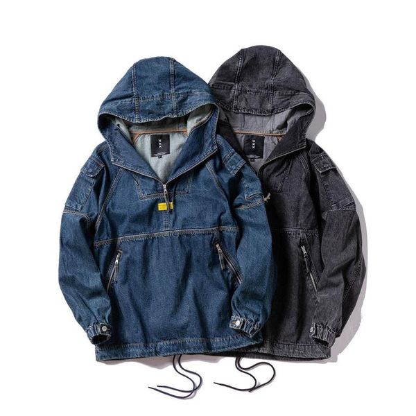 

men's jackets zipper denim half jacket hooded pullover youth american high-end hem, Black;brown