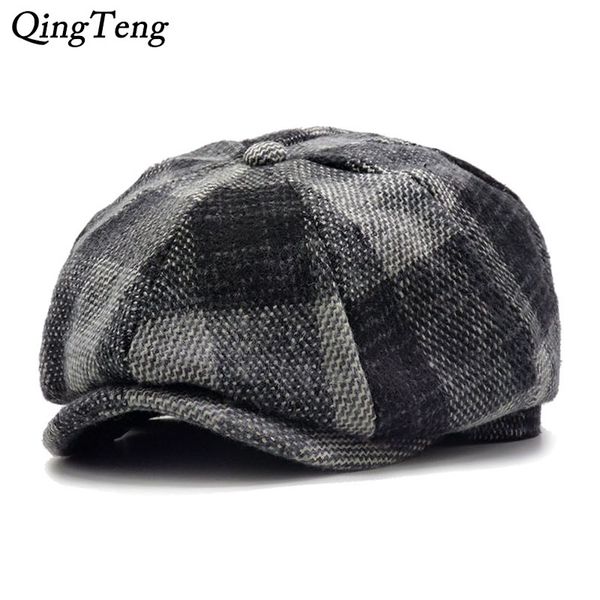 

winter plaid berets caps for men warm wool thicken newsboy cap for women vintage octagonal detective painter hats retro flat cap, Blue;gray