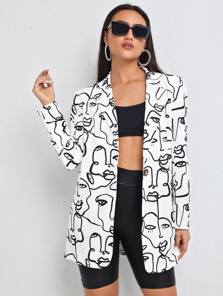 

notched collar figure graphic blazer 83hb#, White;black
