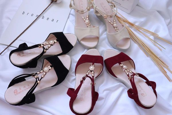 

sandals korean fashion open-toe fish mouth women beaded wedge shoes heels for 2021, Black
