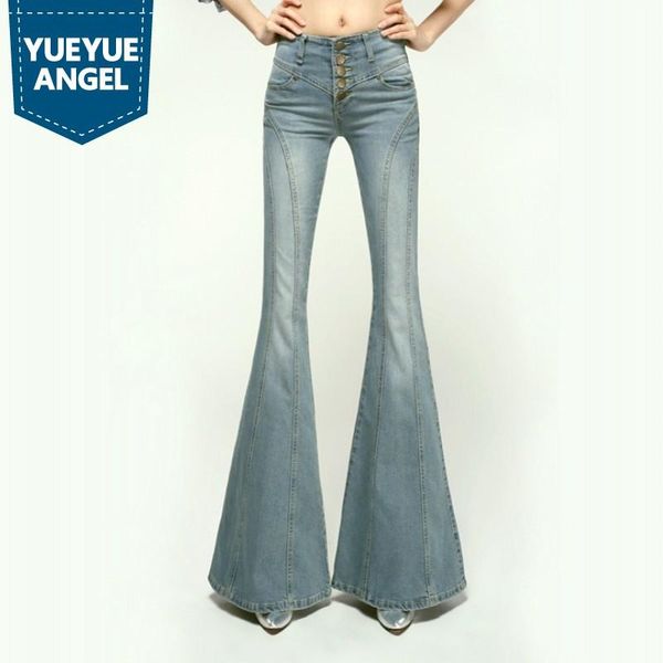 

brand lady slim wide leg denim flare pants high waist single breasted women boot cut jeans trousers autumn winter clothing women's, Blue