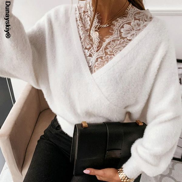 

women's sweaters 2021 lace hollowed deep v-neck women sweater long sleeve elegant solid white ladies pullover casual spring autumn fema, White;black