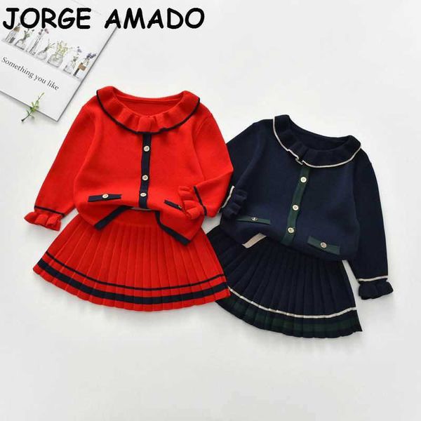 Roupas de meninas outono roupas de inverno para casaco de camisola estilo preppy + saia menina 2 pcs conjuntos wl003 210610