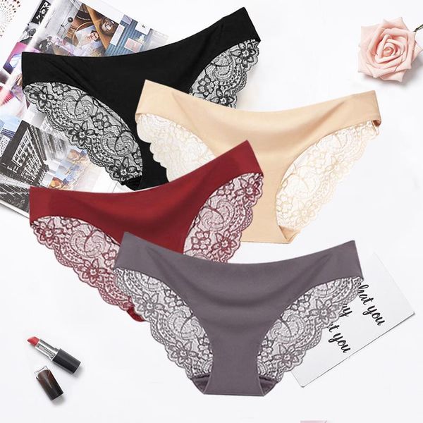 

lace panties low-rise seamless briefs women ice silk lingerie cotton panty solid female breath underwear #f women's, Black;pink