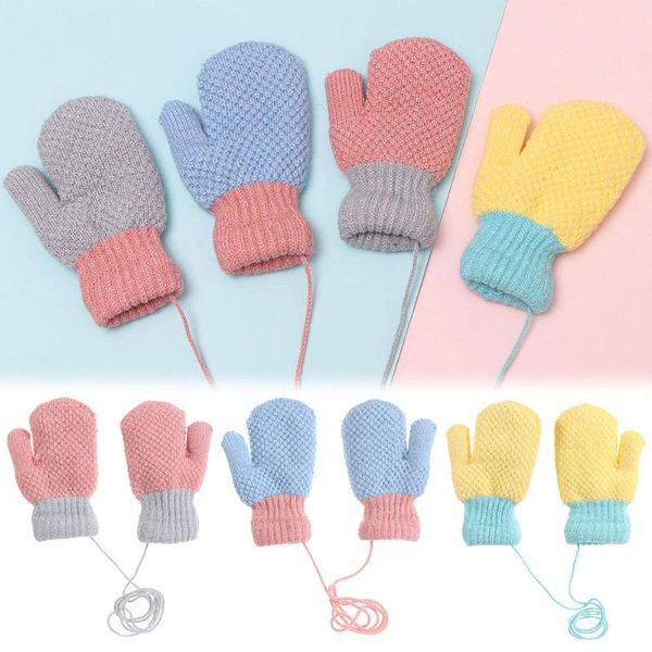 

children's mittens cartoon boys girls warm winter thick full finger knitting baby gloves with rope, White