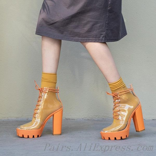 

boots women pvc transparent ankle lace-up pointed toe square heel platform high heels for fashion, Black