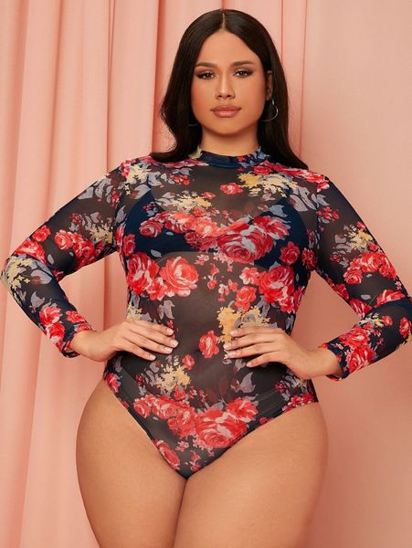 

plus mock neck floral mesh bodysuit without lingerie 423h#, Black