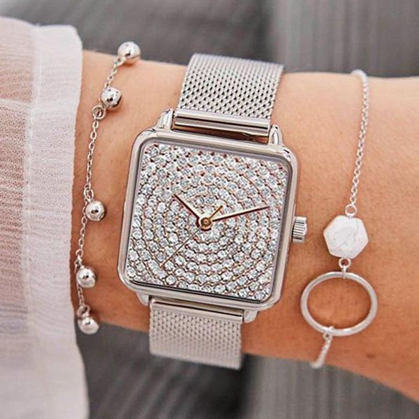

wristwatches luxury women dress watches fashion silver full crystal square quartz casual ladies no brand, Slivery;brown
