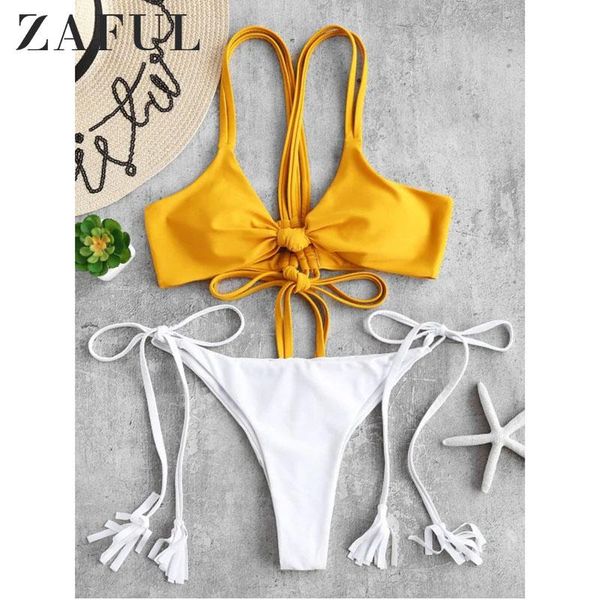 

women's swimwear zaful fringe tassel bikini set black white stripe strappy swimsuit retro women bathing suit brazilian biquini, White;black