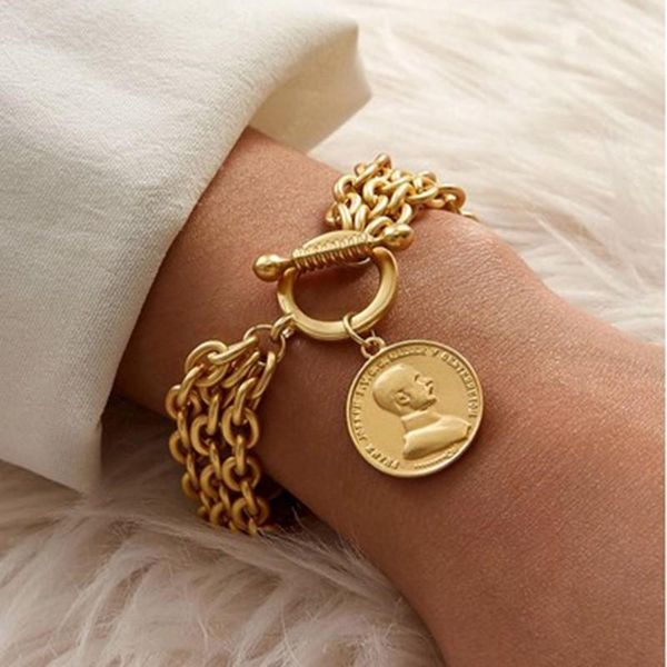 

bangle fashion men portrait coin tag pendant link chain bracelet gold color adjustable ot toggle clasp metal wristlet party jewelry, Black