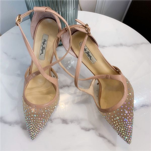 

2021 summer fashion women pumps nude mesh strass crsytal criss-cross point toe bride wedding shoes high heels 12cm 10cm 8cm stiletto strippe, Black