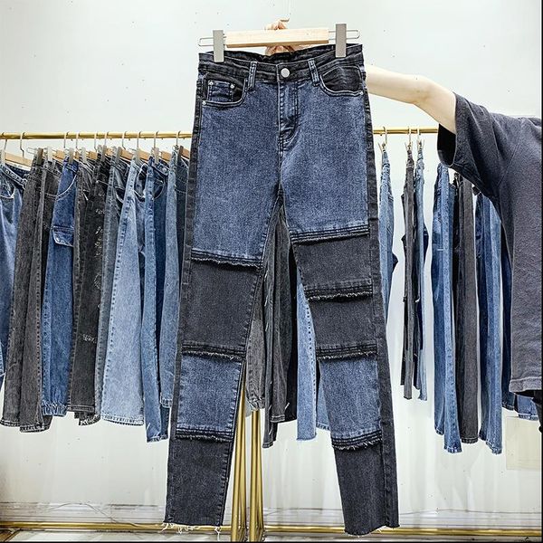 

[ewq]korean fashion women jeans ladies stitching long denim trousers leisure pencil pants high waist patchwork ql104, Blue