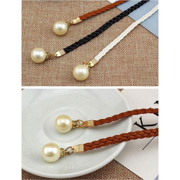 

belts women fashion knotted waist chain dress woven rope female decorative pearl belt ea, Black;brown