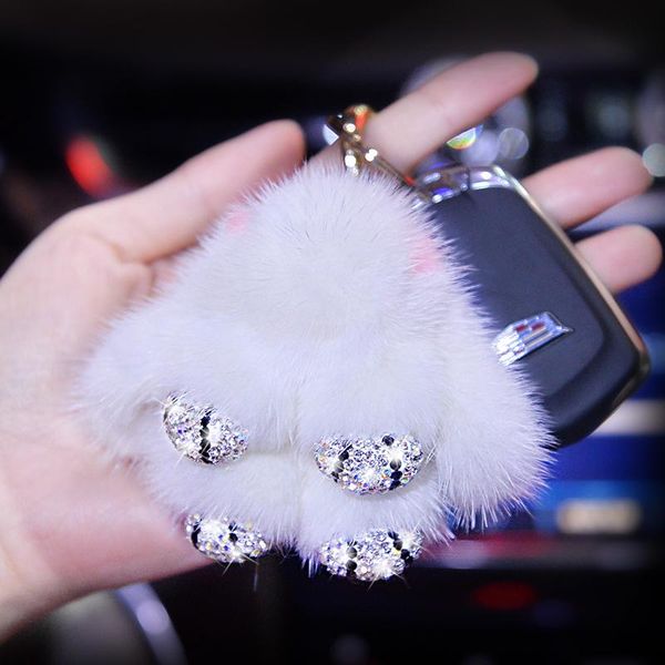 

keychains cute rex doll fur keychain crystal diamond pom fluffy plush pendant key chain car ring handbag tote, Silver