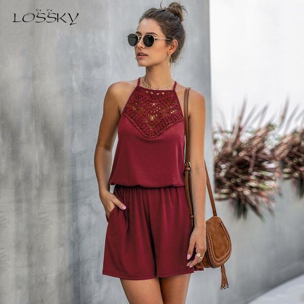 

women's jumpsuits & rompers lossky women overalls playsuits short summer romper-suit sleeveless lace hollow halter jumpsuit casual clot, Black;white