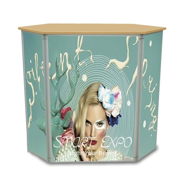 

prismatic style folded counter retail supplies for trade show with folding gear structure hdf table shelf pvc printed graphics