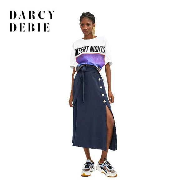 

skirts darcydebie 2021 autumn women fashion casual high waist sashes gold single breasted side forking plus size long skirt, Black