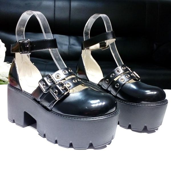 

dress shoes womens cosplay lolita pumps chunky heels thick platform girls round toe buckles ankle strap hollow out leather black
