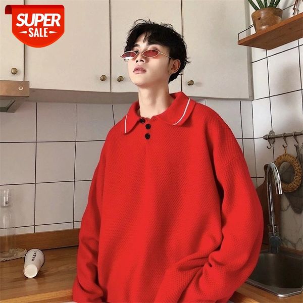

2020 winter men's fashion lapel collor coats loose woolen sweaters red pullover keep warm 3 color cashmere knitting size s-3xl #tc7g, White;black