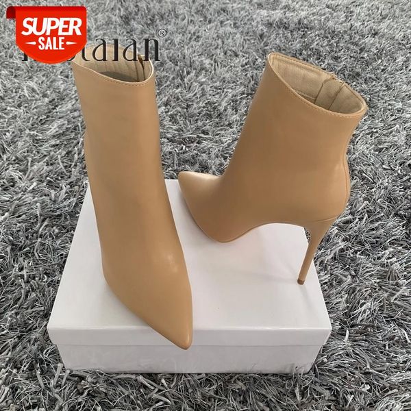 

2020 fashion leather women boots pointed toe ankle boots high heels shoes autumn winter female plus size 4-11 #ce6m, Black