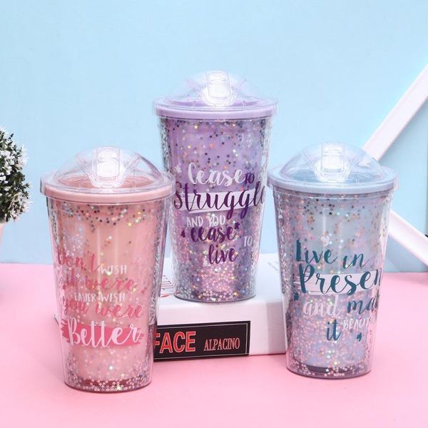 Fashion Creative 420ML Travel Portable Cup Mug Double Plastic Star Bling Shining Design Coffee Water Tumbler Gift