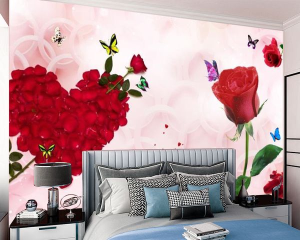 Romântico amor Rose 3D Mural Papel de Parede Sala de estar Quarto Melhoramento da Casa Melhoramento da Casa Papéis de Parede Clássico Papéis de Parede