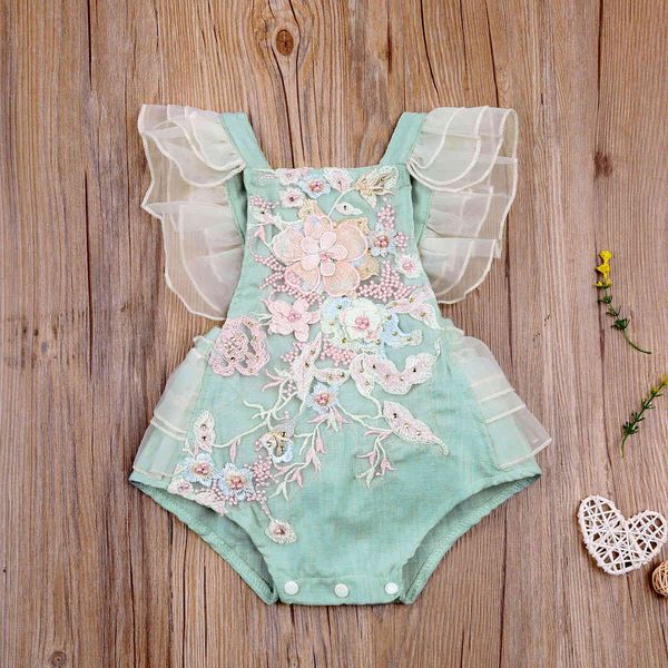 

0-24m summer princess born baby girl romper flower pearl lace jumpsuit overalls outfits costumes 210515, Blue