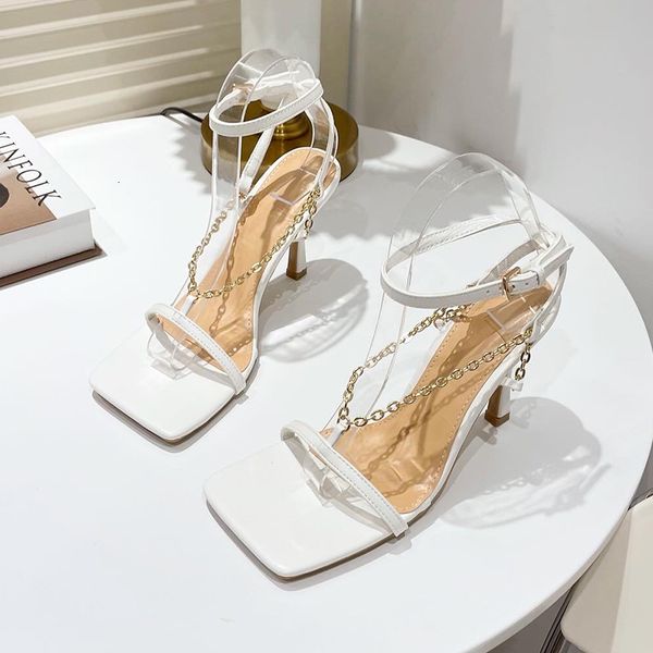 

slippers 2021 women sandals female high heel square toe fashion chain strappy shoes lady summer ankle strap pumps ecd8, Black