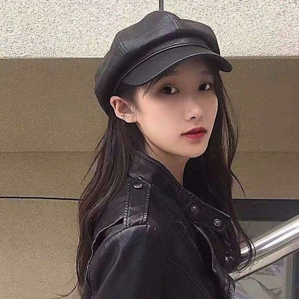 

brand caps pu leather octagonal hat female autumn and winter british trendsetter korean spring fashion versatile leather hat duck t, Blue;gray