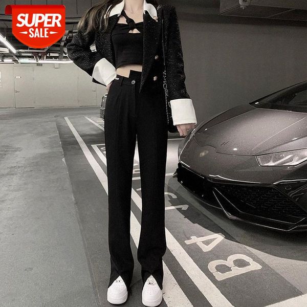 

staggered waistband suit pants women's straight loose and thin drape casual #6t3y, Black;white