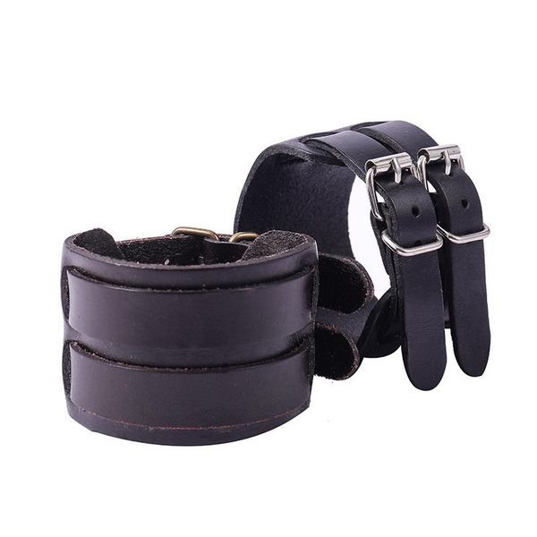 

retro punk bracelet with wide leather shuangkou man bangle, Black