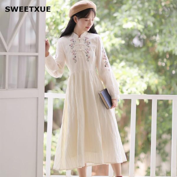 

casual dresses sweetxue 2021 women elegant solid color loose dress spring autumn flower embroidery vestidos robe mujer, Black;gray