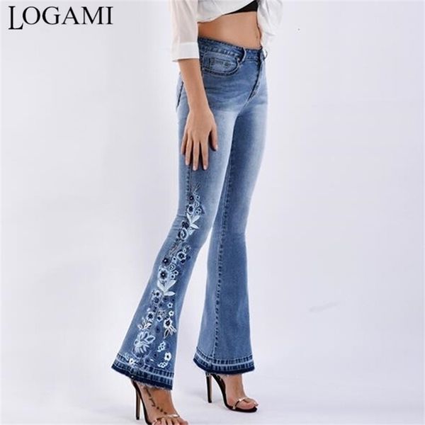 

logami flower embroidery skinny jeans woman vintage flare denim pants 210809, Blue