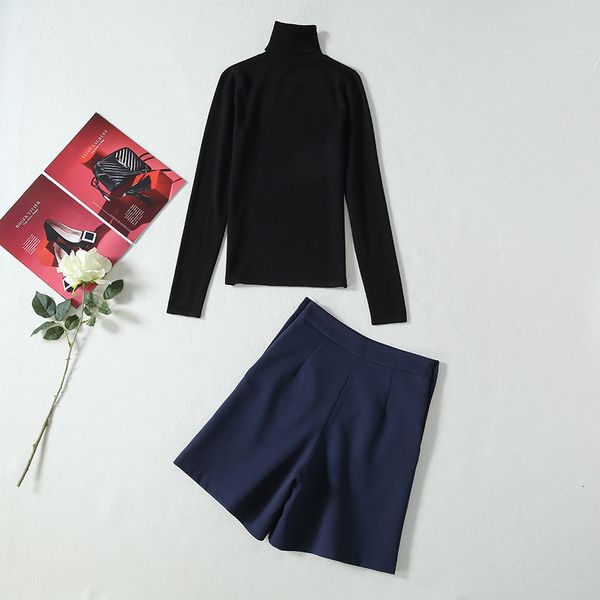 

pant autumn winter selling sweater sets women turtleneck black pullovers+buttons up high waist short sets 2 piece suit, Black;white