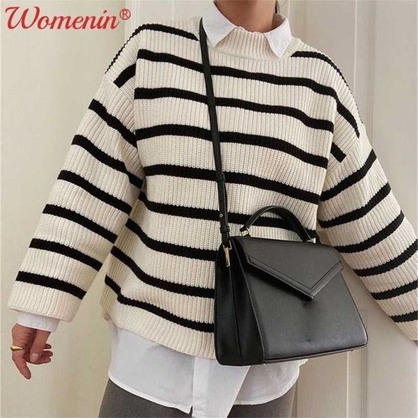 

knitted striped loose women's sweater pullover o-neck long sleeve knitted jumper female autumn causal streetwear sweaters 211025, White;black