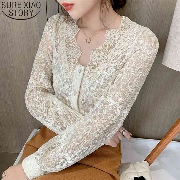 

fashion vintage mesh lace blouse women long sleeve shirts v neck embroidery floral casual elegant blouses blusas 12286 210506, White