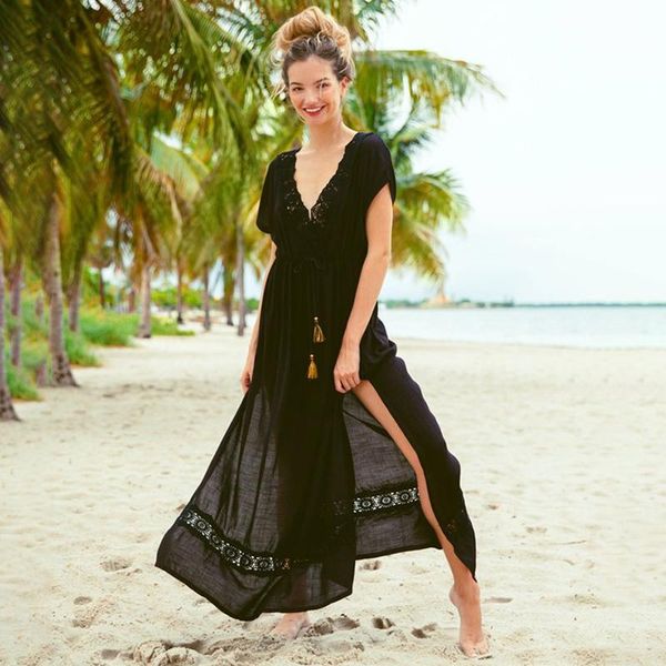 

women's swimwear deep v-neck beach dress women lace patchwork maxi tunics for split kaftan bikini cover ups, White;black