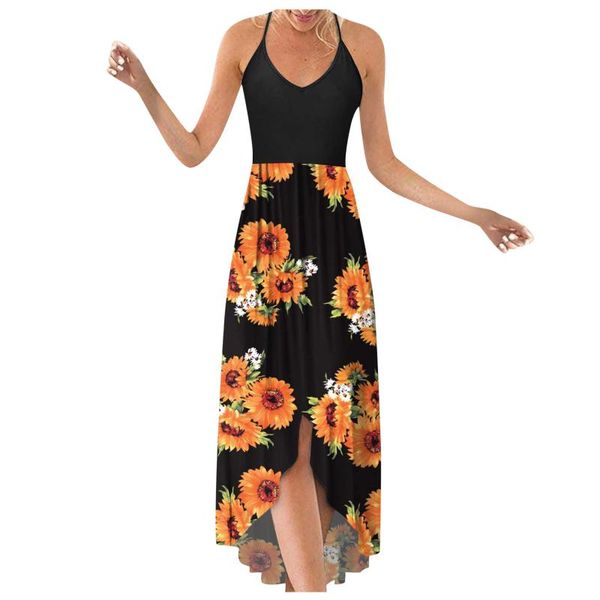 

casual dresses 40# bohemian asymmetrical summer dress straight sleeveless halter strap floral printing beach long pleated 2021, Black;gray