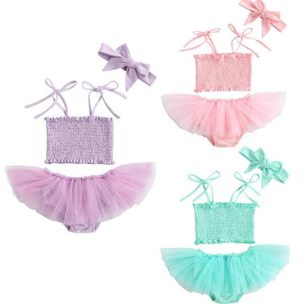 

born baby girl clothes solid sleeveless pleated camisole crop lace tulle tutu shorts skirt+headband 3pcs outfit clothing sets, White