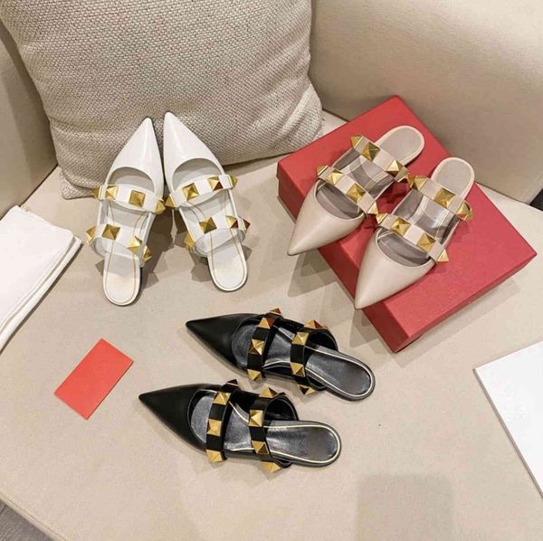 

women's shoes new pointed rivet flat bottom casual one-line buckle sandals women's muller, Black