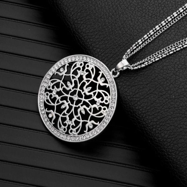 

flower of life crystal big gold necklaces & pendants women long chains round hollow pendant collier statement jewelry 2021, Silver