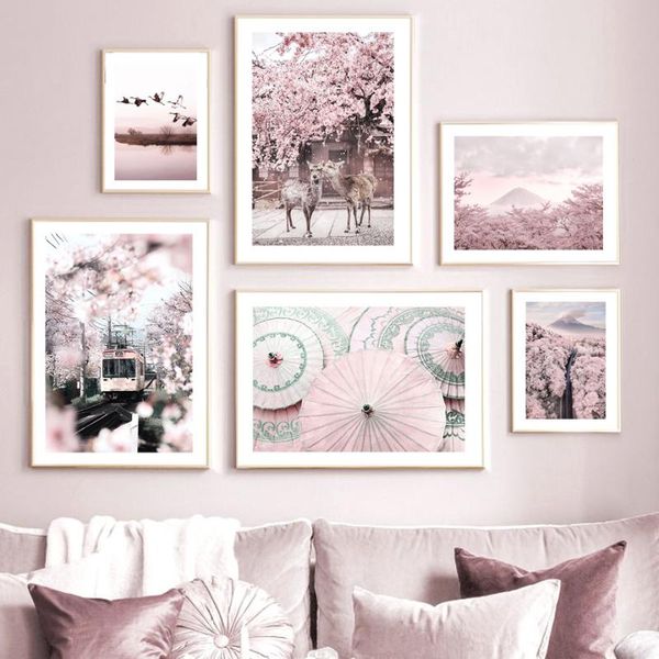 

paintings pink mount fuji cherry flower deer calm lake bird nordic poster wall art print canvas painting decor pictures for living room