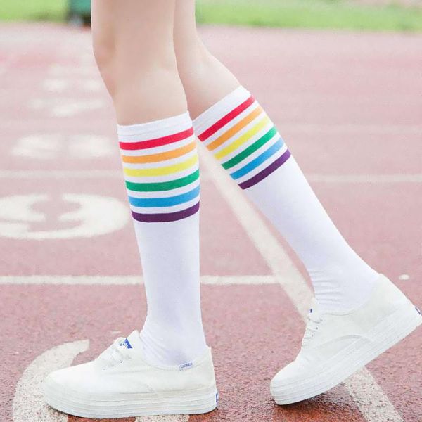 

socks fashion multicolor stripes cotton girl long student style party street dancing knee sock, Pink;yellow
