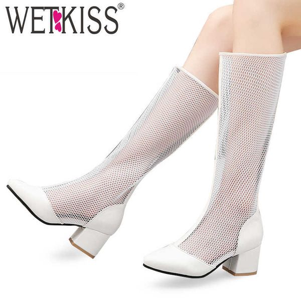 

wetkiss pu mesh boots women knee high boots summer high heels shoes female square toe shoes woman white puls size 32-45 210630, Black