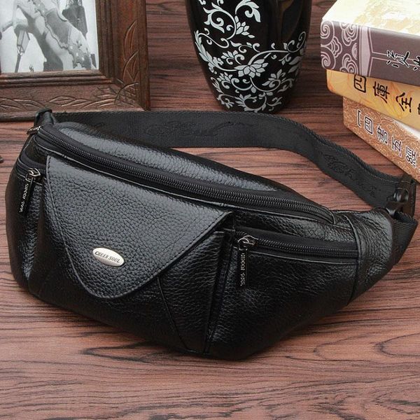 

men genuine leather fanny waist bag travel hip belt cell phone case purse single back pack real cowhide sling chest day bags