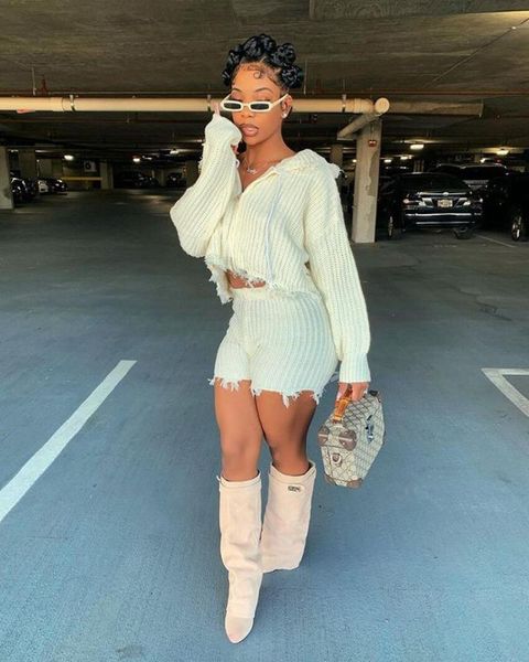 

women's tracksuits autumn 2021 streetwear two-pieces sets solid knitted sweaters suits winter women ripped long sleeve hooded coats+sho, Gray