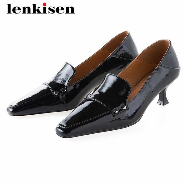 

dress shoes lenkisen concise style cow patent leather all-match small square toe thin med heel slip on office lady gorgeous women pumps l23, Black