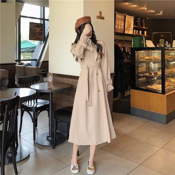 

women's trench coats 2021 spring windbreaker women overcoat korean double breasted solid long coat casual lacing loose outwear h058, Tan;black